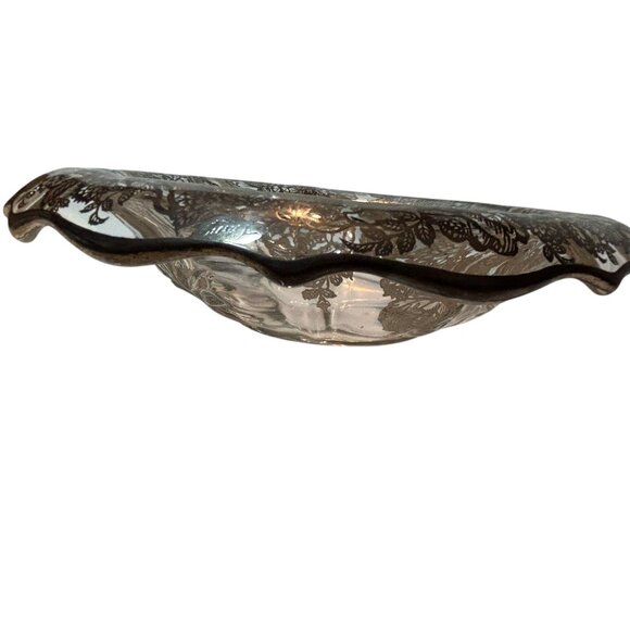 Vintage Silver Overlay Clear Glass Decorative Bowl With Floral Design & Scallope - Picture 6 of 11